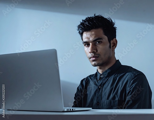Young man working on laptop computer.