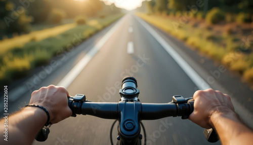 Cyclist Hands on Handlebars Riding Down Open Road at Sunset — POV Bicycle Ride Adventureю