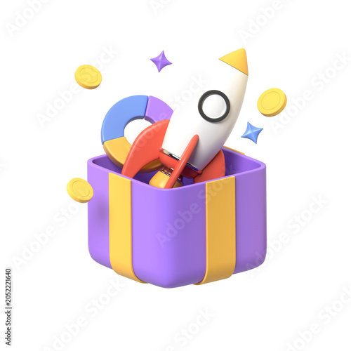 Canvastavla Vibrant 3D Illustration: Rocket Launching from a Gift Box with Coins and Chart Symbolizing Business Growth Success and Start-up Innovation