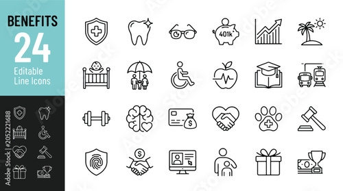 Canvas Print Employee benefits, insurance, and healthcare line icon set