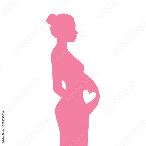 Pink silhouette of an pregnant woman with a heart sign in the stomach, side view. Vector illustration isolated on white background