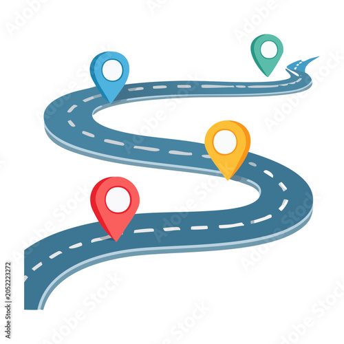 Flat design illustration of a road with colored location pins