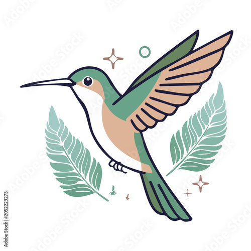 Flat design hummingbird illustration with leaves and stars