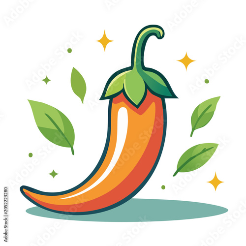 Flat design illustration of a red chili pepper with leaves and