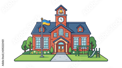 Cartoon School Building with Playground and Ukrainian Flag