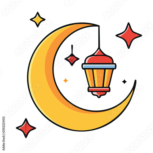 Lantern hanging from a crescent moon illustration