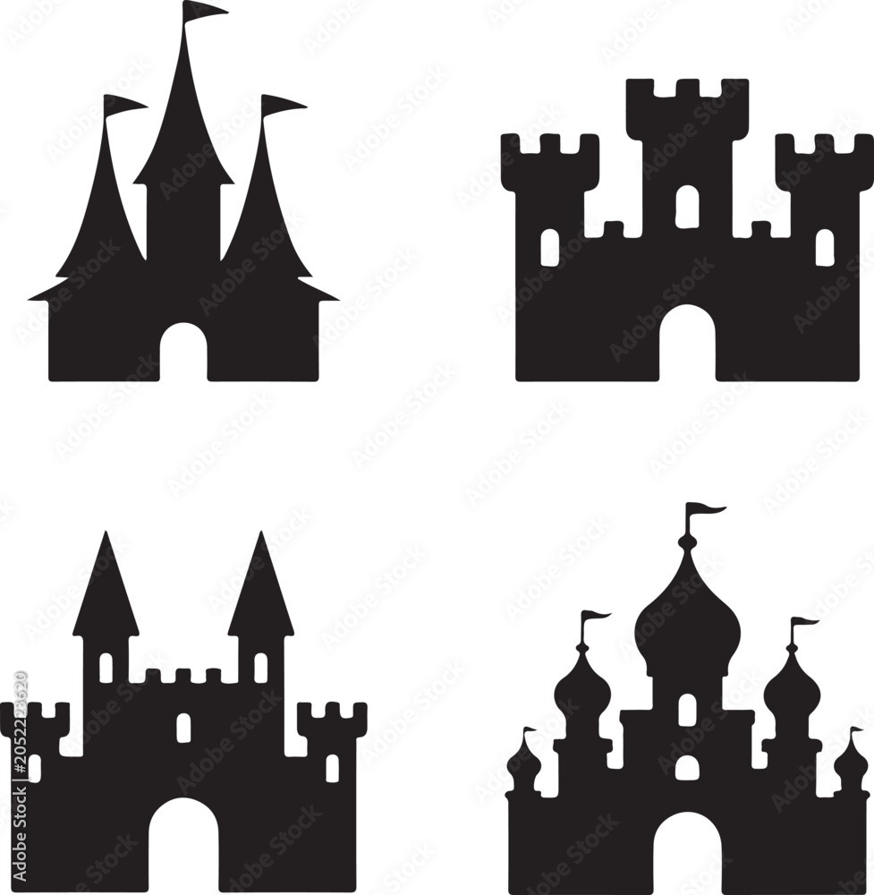 Fototapeta premium Set of four black silhouette of different medieval castles with towers, flags, and arched gates on a plain white background for