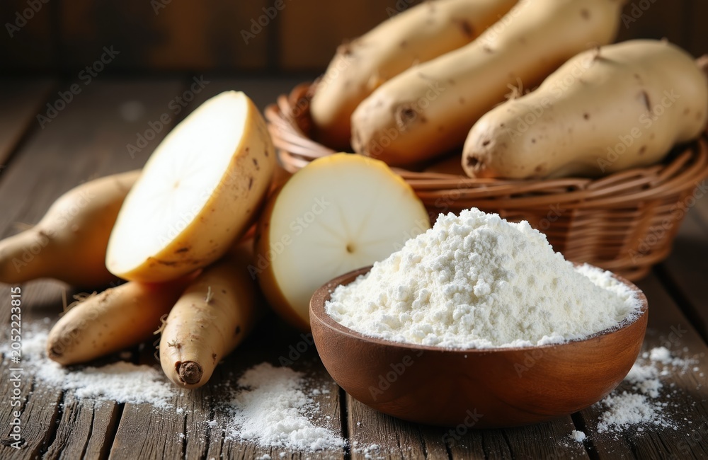 Fototapeta premium Heap of white tapioca flour in bowl next to cut cassava root on rustic table. Whole cassava tubers in basket in background. Organic ingredient for cooking and baking.