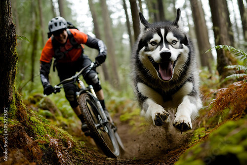 A mountain biker riding a trail through a dense forest with a happy siberian husky dog running alongside in a fast-paced outdoor adventure scene