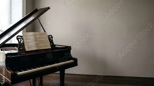 Elegant grand piano with sheet music in a minimalist room