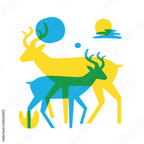 A vibrant risograph style illustration featuring a family of deer with overlapping layers of yellow, blue, and green