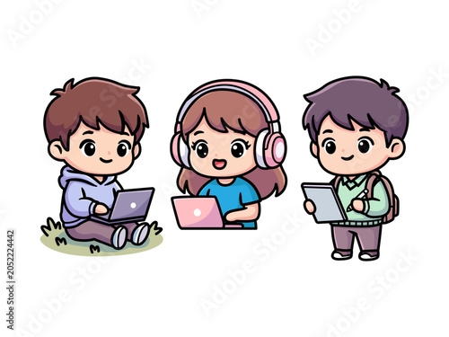 Cute Chibi Students Learning with Laptops and Tablet Vector Set