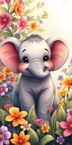Illustration of a playful elephant calf with a sweet expression, surrounded by colorful flowers and leaves, playful, colorful