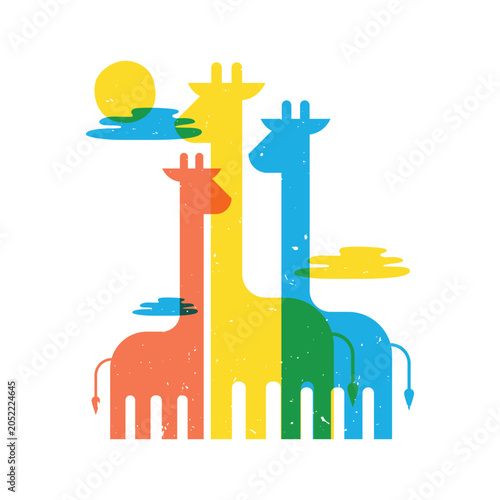 A vibrant risograph style illustration of a giraffe family with overlapping layers of salmon, yellow, and blue hues with a grainy print texture