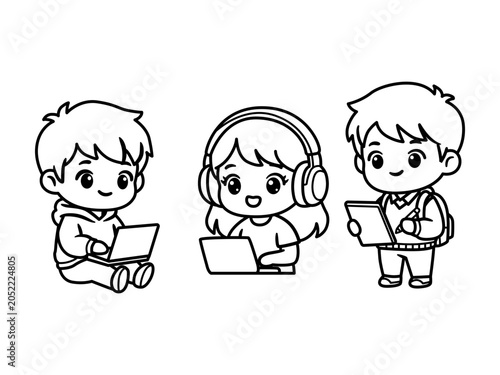 Kawaii Children Learning with Laptops and Notebooks Coloring Page