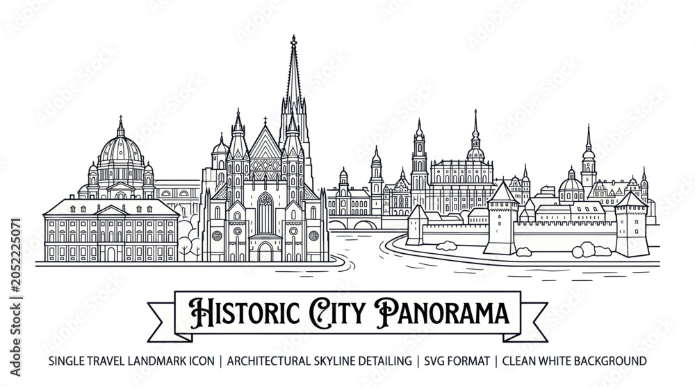 Fototapeta premium Historic City Panorama Skyline Line Drawing | Architectural Landmarks Vector