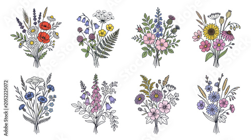 Hand-drawn Wildflower Bouquets Collection, Floral Elements, Botanical Illustration
