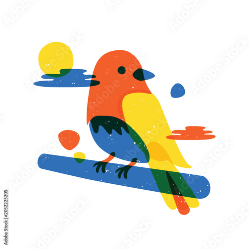 A charming risograph style illustration of a small bird perched on a branch with vivid orange, yellow, blue, and green overlapping layers
