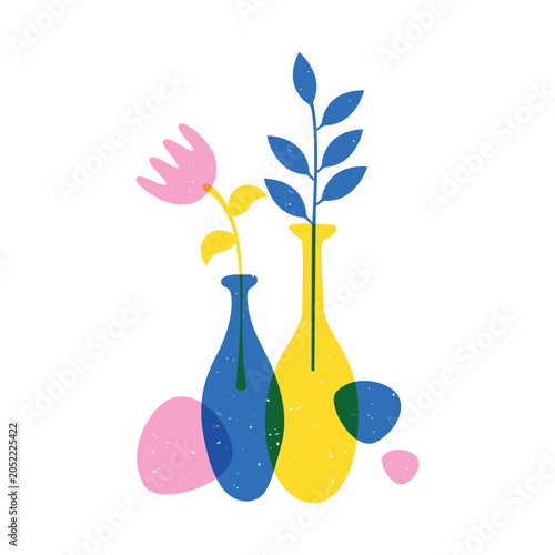 Floral with Vases in Risograph Style.  The grainy print texture and vibrant flat color with overlapping layers