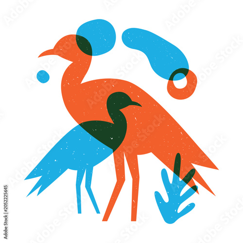 A vibrant risograph style illustration of two heron birds with overlapping layers of vivid orange and blue tones with a grainy print texture