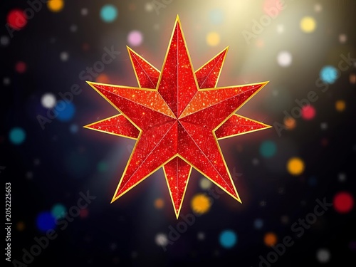 Glittering red star with five points, trimmed in gold, present, stars