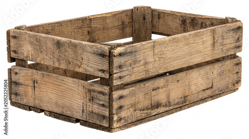 Empty rustic weathered wooden fruit crate slatted box isolated on white background cutout.