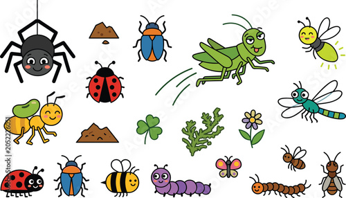 Cute garden insects and bugs vector illustration bundle featuring cartoon spider grasshopper dragonfly firefly ladybug ant bee caterpillar and little colorful beetles.