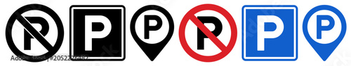 No parking, parking sign and parking map pin. Parking ban, parking location pin. GPS parking location symbol for apps and websites