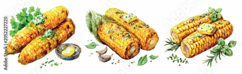 Obraz na plátně Grilling corn cobs on an outdoor barbecue, serving with fresh butter and chopped