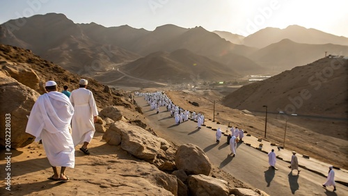 Pilgrims walking between Safa and Marwah hills during Hajj