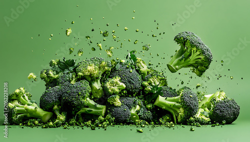 Dynamic explosion of fresh green broccoli florets floating in mid-air against a solid light green background, for healthy lifestyle visuals