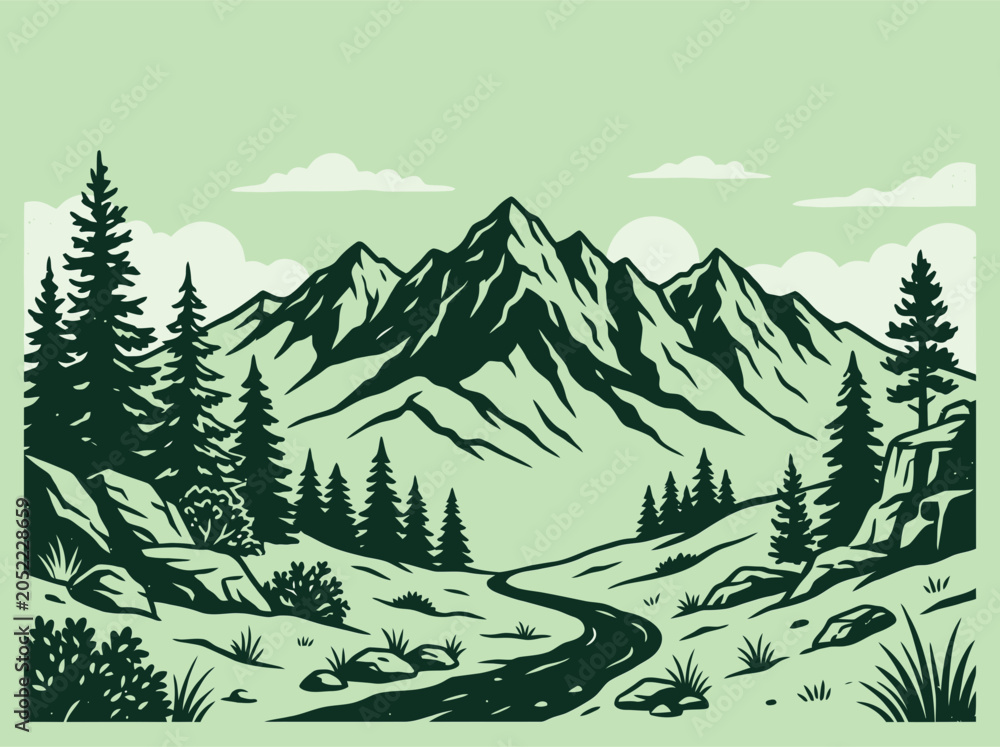 Fototapeta premium Serene mountain landscape with winding road and evergreen trees