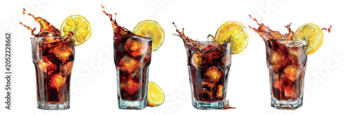 Foto Refreshing watercolor soda drinks splashing with ice cubes and lemon slices, cap