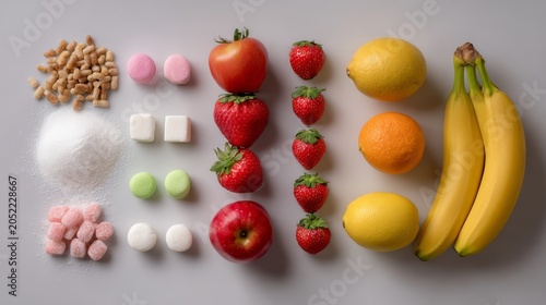 67.Minimal studio shot showing fresh nutritious foods opposite sugary snacks, bright neutral background, health choice and lifestyle contrast concept
