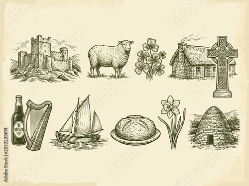 Vintage irish symbols collection castle sheep harp and celtic cross engravings