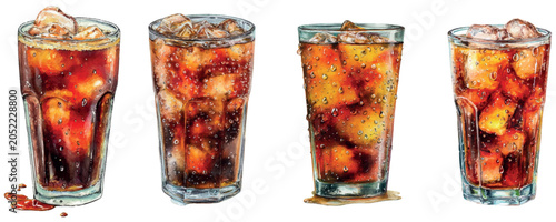 Bild auf Leinwand Four glasses of refreshing dark soda with ice cubes, effervescence, and condensa