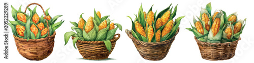 Fotografie Golden corn cobs with bright green husks arranged in woven baskets, celebrating