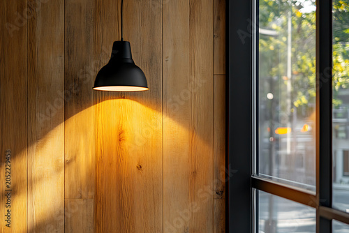 Warm golden light casting a dramatic shadow from a black pendant lamp onto a textured natural wooden wall in a modern architectural setting