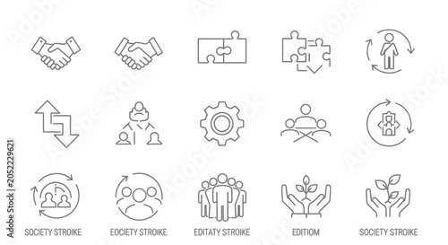 A collection of line icons representing business and society concepts.