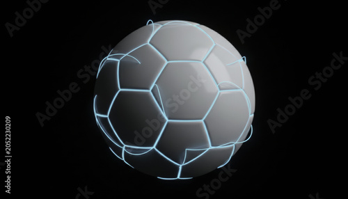 White soccer ball optical fiber glow stitched sport technology, pristine sphere on black background with luminous blue seam, futuristic athletic concept