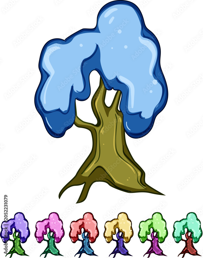 Obraz premium Cute fantasy tree featuring a vivid green canopy and a sturdy brown trunk, depicting a simple and clean graphic illustration style for various creative projects