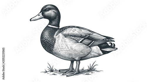 Detailed Sketch of a Mallard Duck Standing on Grass - Isolated Illustration