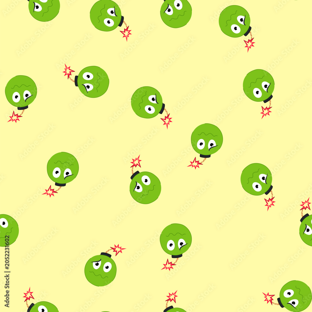 Naklejka premium pattern fuse bomb character cartoon. blast dynamite, grenade warhead, tnt c4 fuse bomb character sign. seamless vector illustration