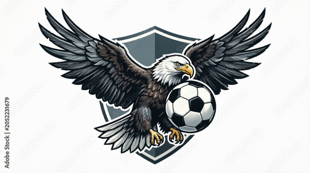 Fototapeta premium Eagle with Soccer Ball Emblem: A powerful eagle, symbolizing strength and determination, grips a soccer ball in its talons, set against a shield background, perfect for a sports team logo or crest.
