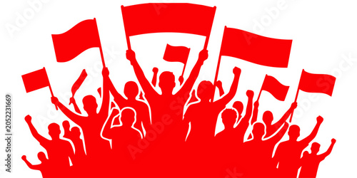 Photos People celebrate with flags and fists in a lively demonstration scene