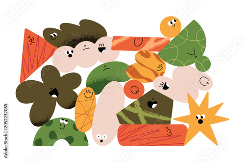 Geometric shape characters in group composition. Doodle figures crowd with fa...
