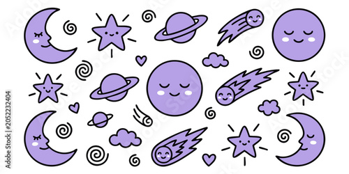 Slika na platnu Smiling celestial bodies float amidst stars and clouds in space.