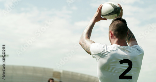 Fotografía Ball, line out and rugby with man outdoor for competition, game or match as sport player