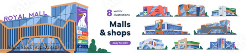 Shopping centers, malls, stores exteriors set. Supermarket, market constructi...