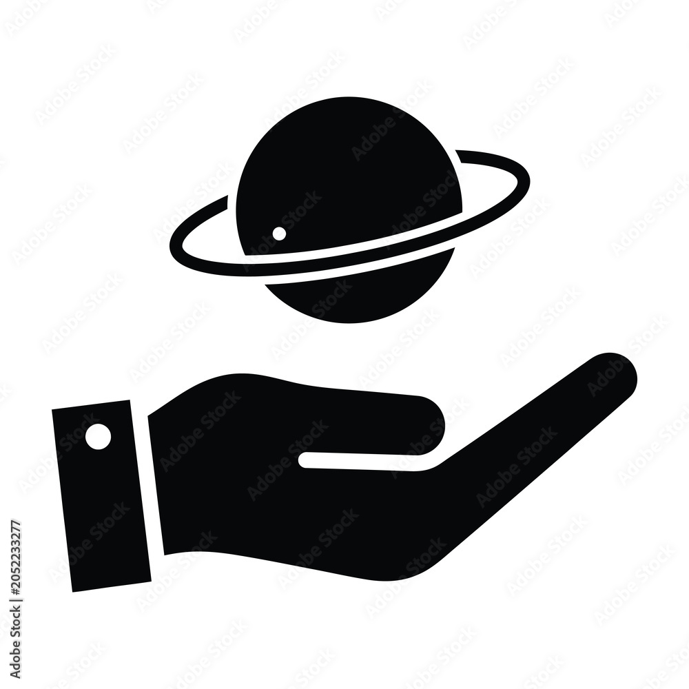 Fototapeta premium Saturn planet hovering above open hand palm